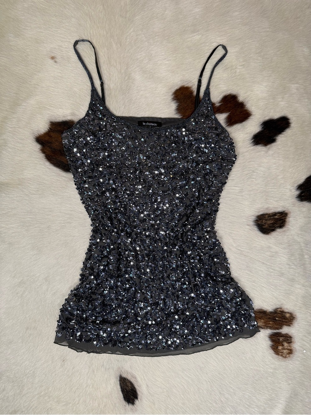 Le Château Black Sequin Cami Tank | Y2K Party Top | Disco Holiday Glam | Large